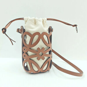 Loewe Anagram Cutout Pocket Shoulder Bag Brown Leather Canvas